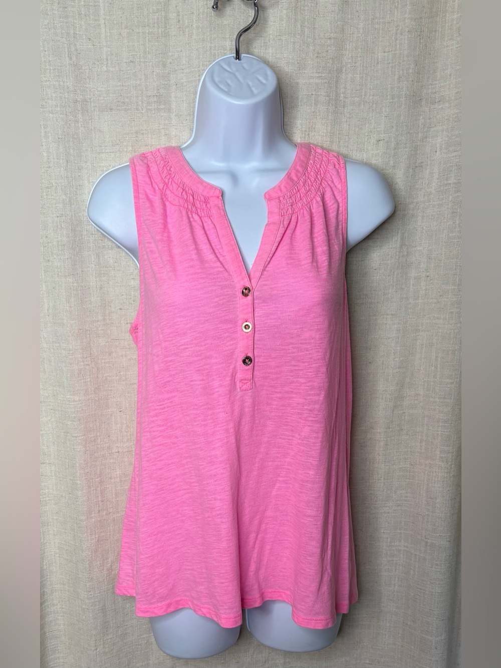 Lilly Pulitzer Essie Tank Top Pink Smocked Gold Button Sleeveless Medium